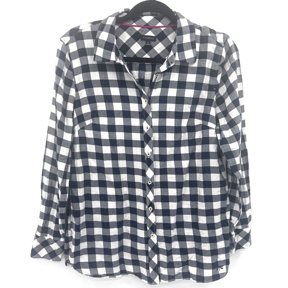 Talbots Gingham Button Down Shirt Womens M Black White Buffalo Check Cotton